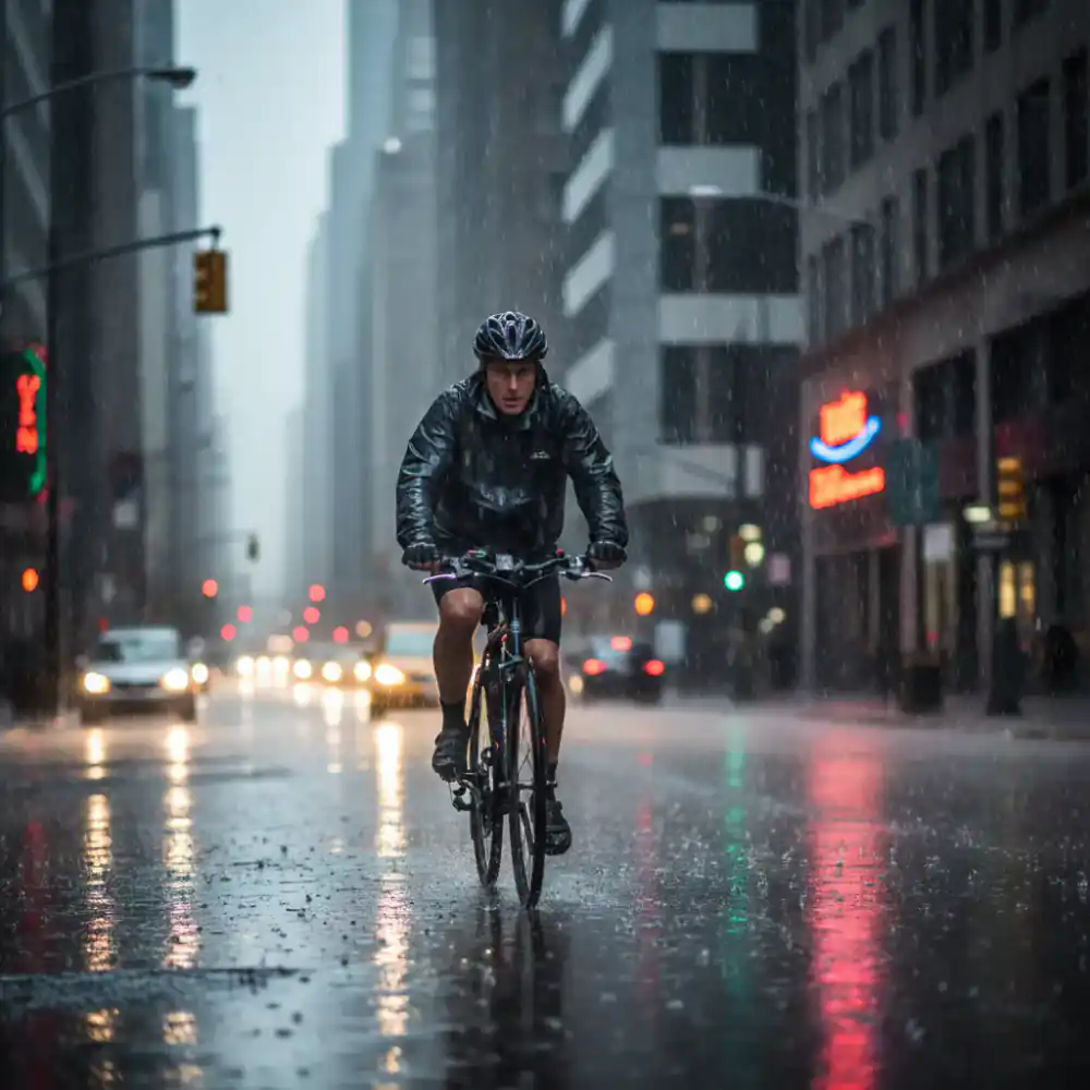 Cyclist riding through rain