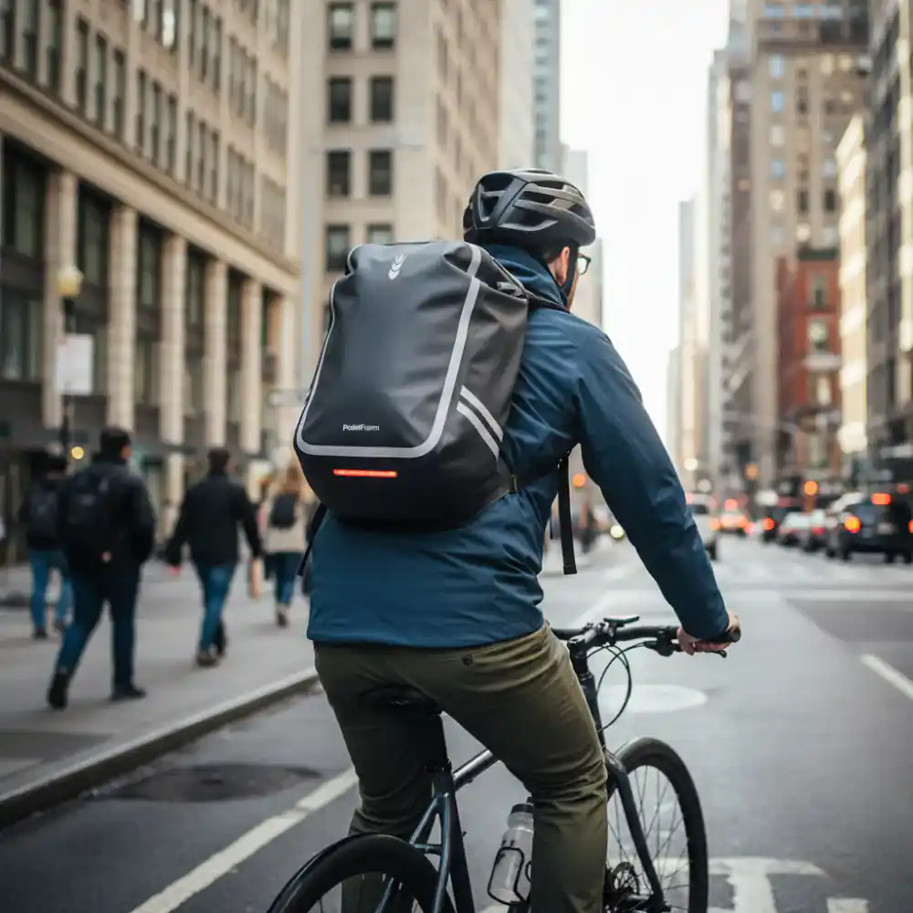 Cyclist wearing PedalForm commuter backpack in the city